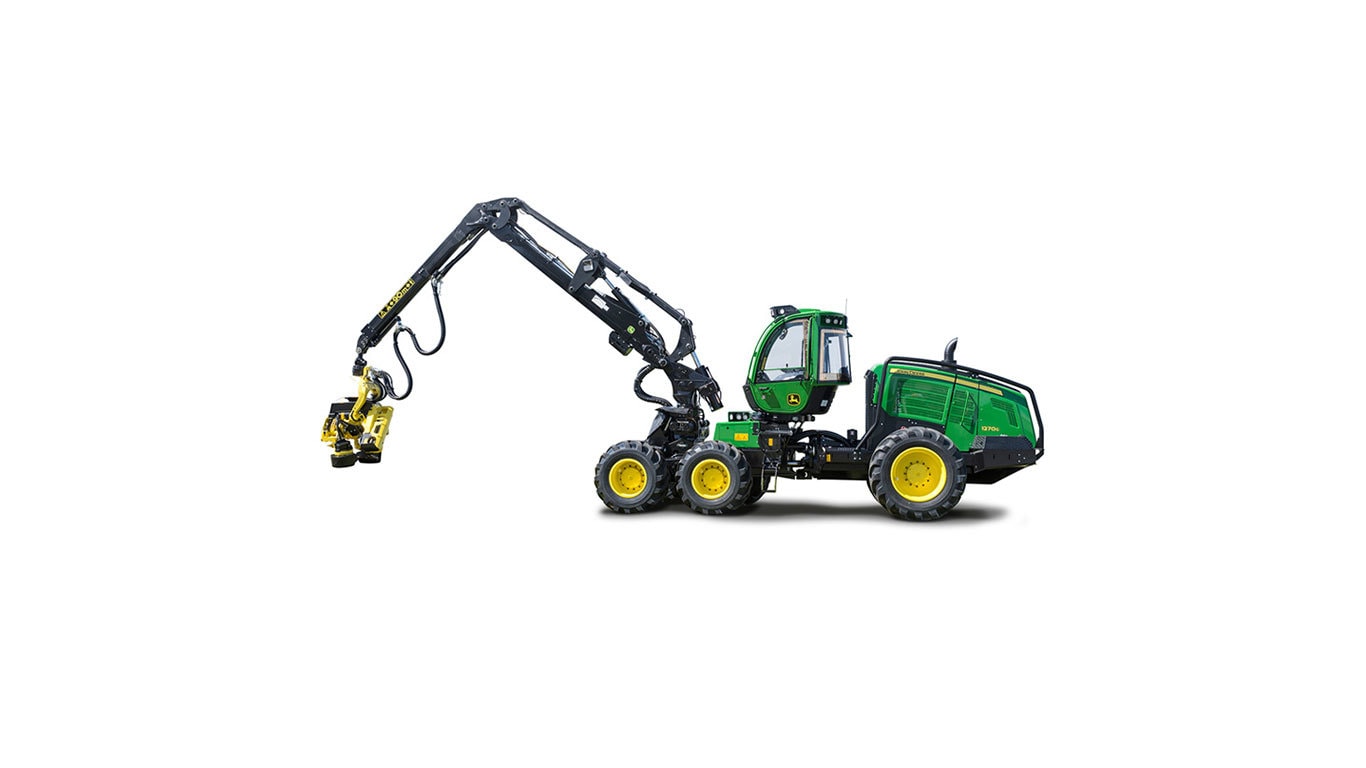 1270G Wheeled Harvester with white background.