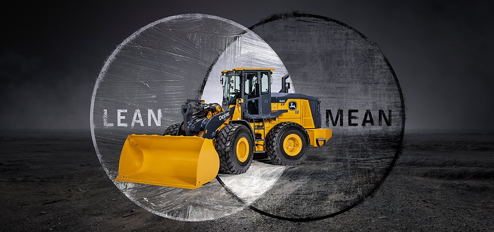 A 644 G-Tier Wheel Loader superimposed on a gritty grey background on top of two intersecting circles with the words lean and mean in them.