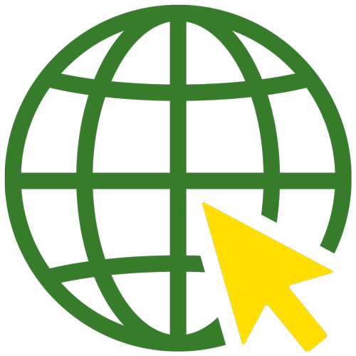 Green and yellow illustration of the world wide web globe icon with a mouse pointer icon hovering on it