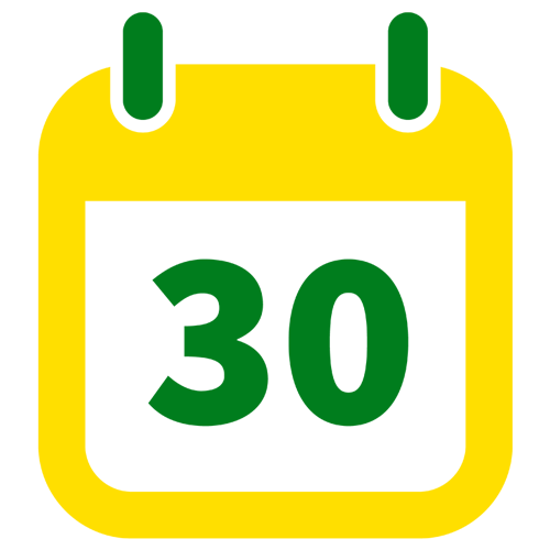 Green and yellow illustration of a calendar with the number 30 in the middle
