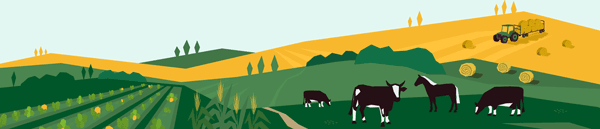 Illustration of a field with crops, bales of hay, livestock grazing, and a green tractor hauling hay barrels
