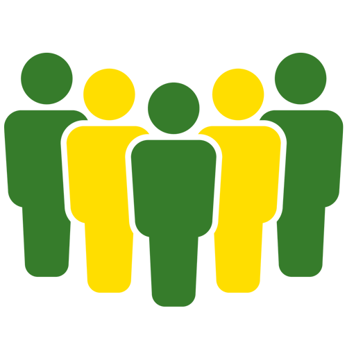 Green and yellow illustration of five outlines of humans standing in a 'V' shape