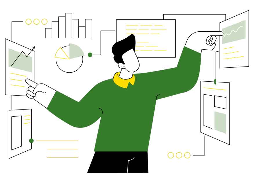 Illustration of a person pointing to digital graphs and charts around them