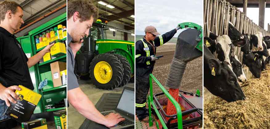 Four images featuring a man with John Deere parts and a man on a computer and a mak working in a field and cows in a barn feeding