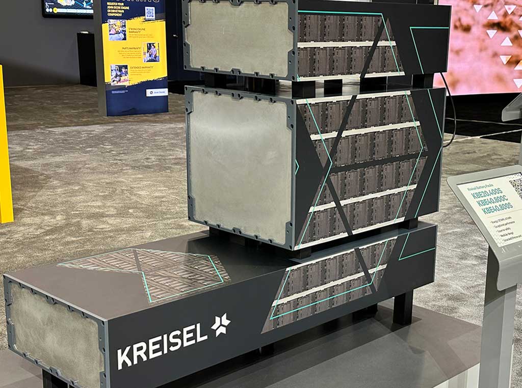 Kreisel battery packs laid out on a table at Kreisel’s production facility