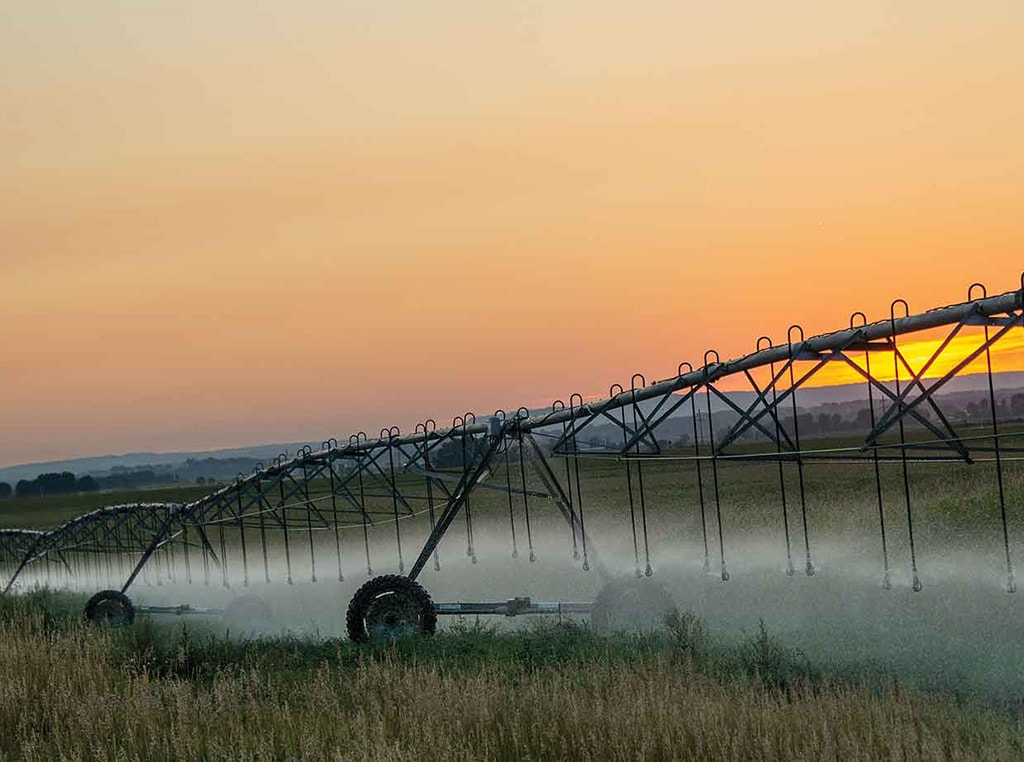 panorama of farming sprayer in field at sunrise
