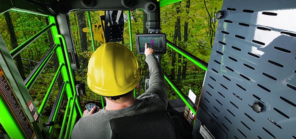inside-the-cab view from a forestry virtual reality simulator