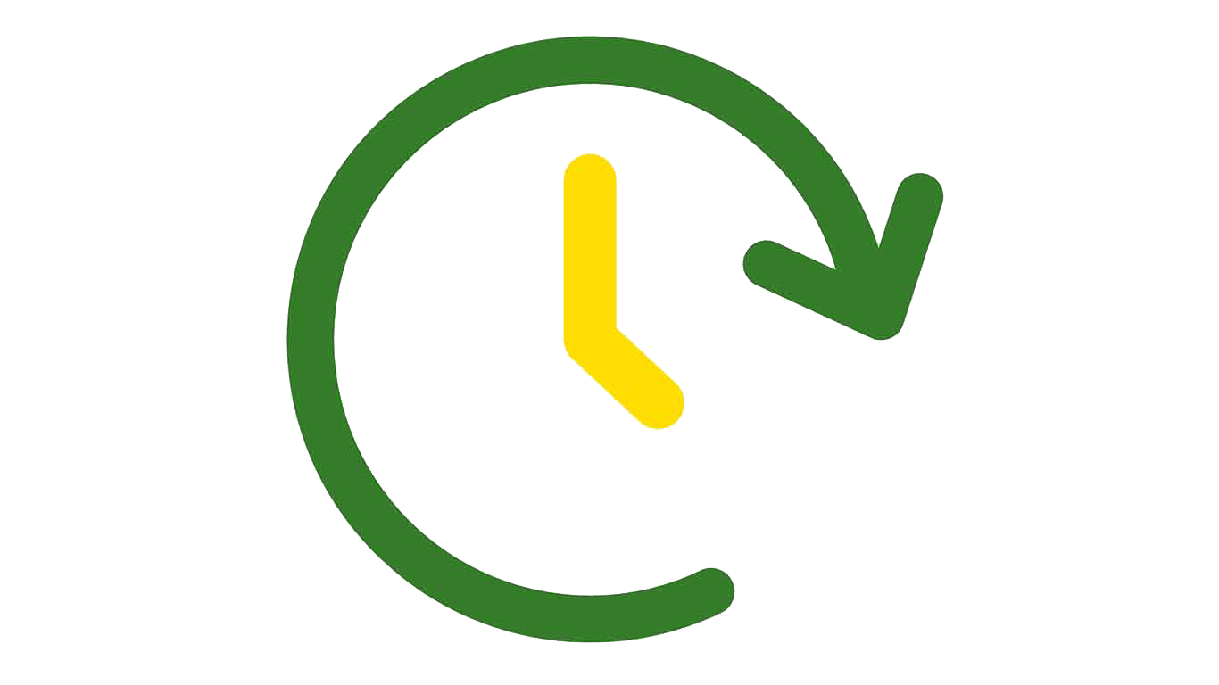 Green and yellow icon of a clock with an arrow