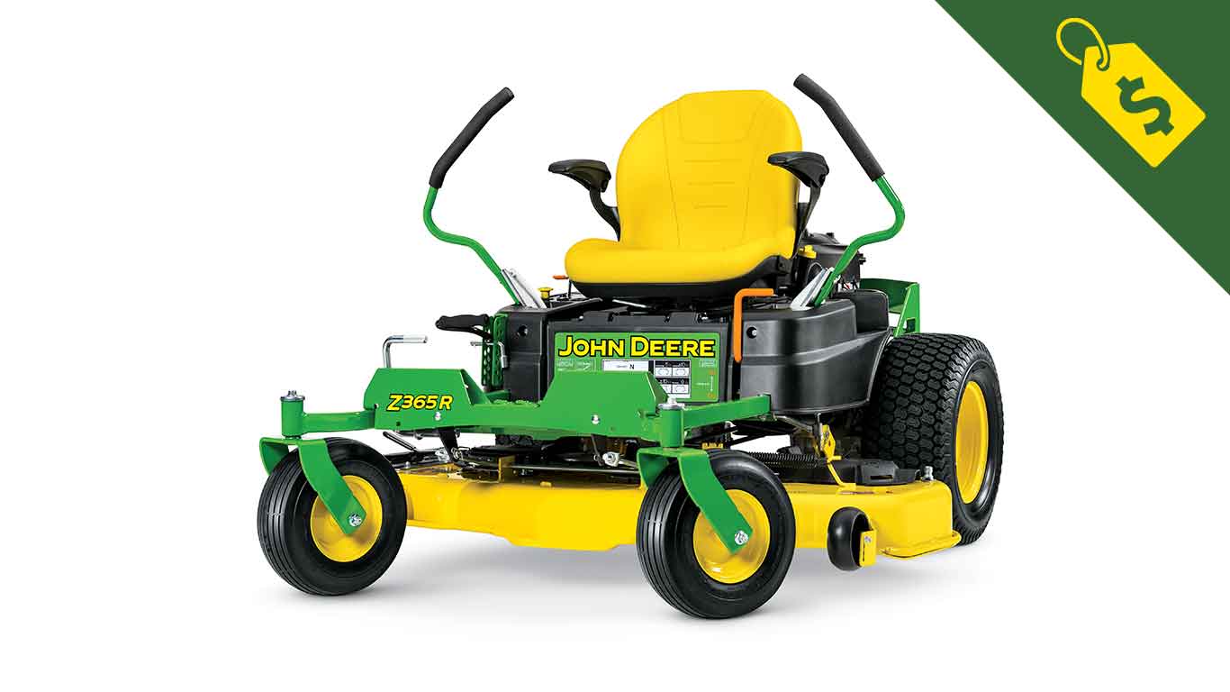 Studio image of a John Deere Z365R ZTrak zero turn mower with a tag icon with a dollar sign in the corner