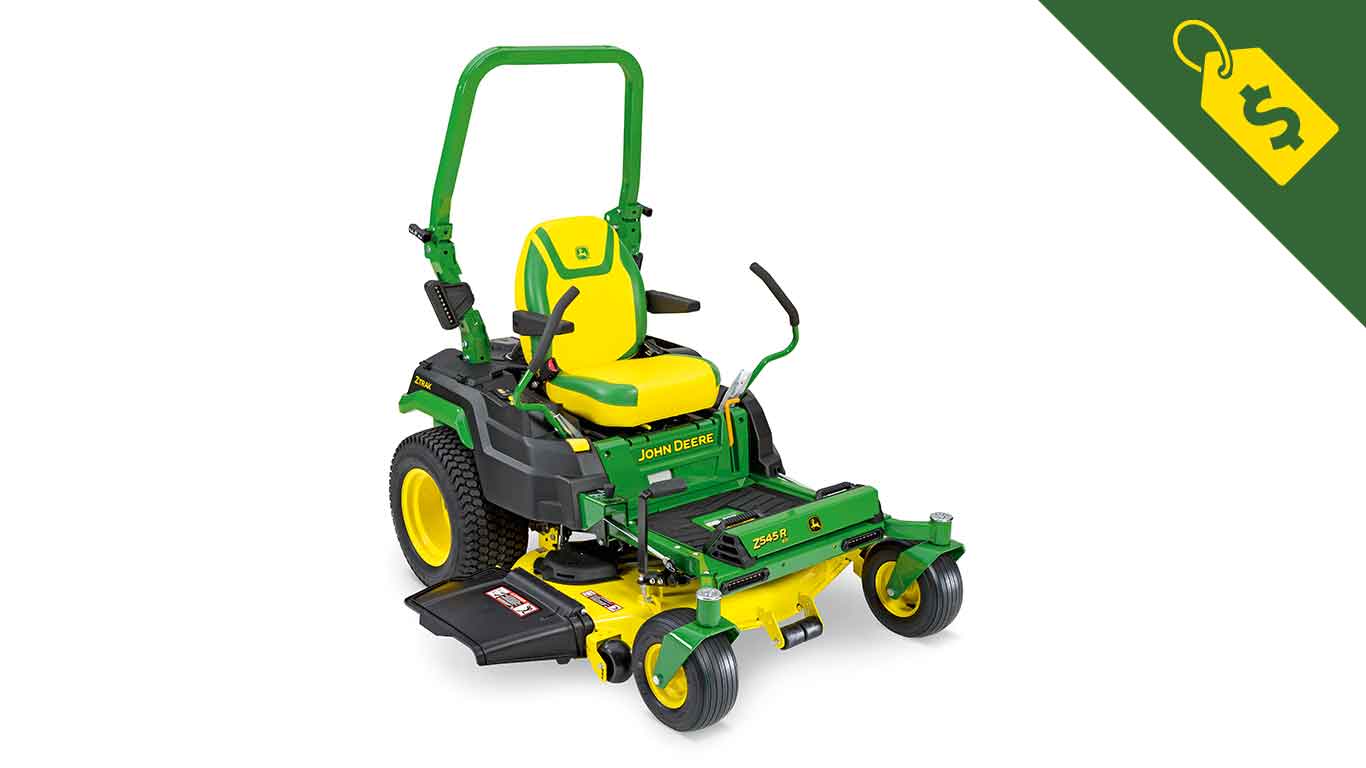 Studio image of a John Deere Z545R ZTrak Zero Turn Mower with a tag icon with a dollar sign in the corner
