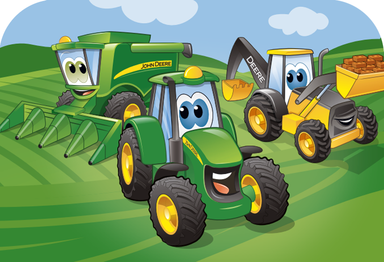 The cover of one of our activity books featuring three John Deere characters