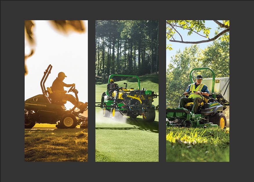 Three images side by side: man using commercial mower at sunset on golf course, employee using commercial golf and turf utility vehicle with sprayer attachment on golf course, man using commercial zero turn mower