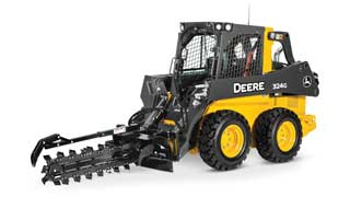 324G Skid Steer with TR48B Trencher attachment on white background