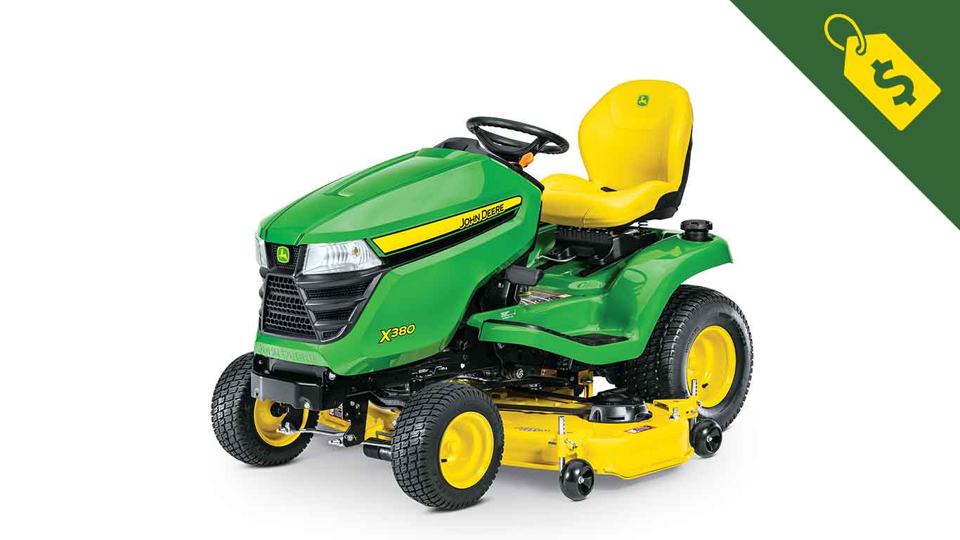 Studio image of a John Deere X380 Select Series lawn tractor with a dollar sign in the corner