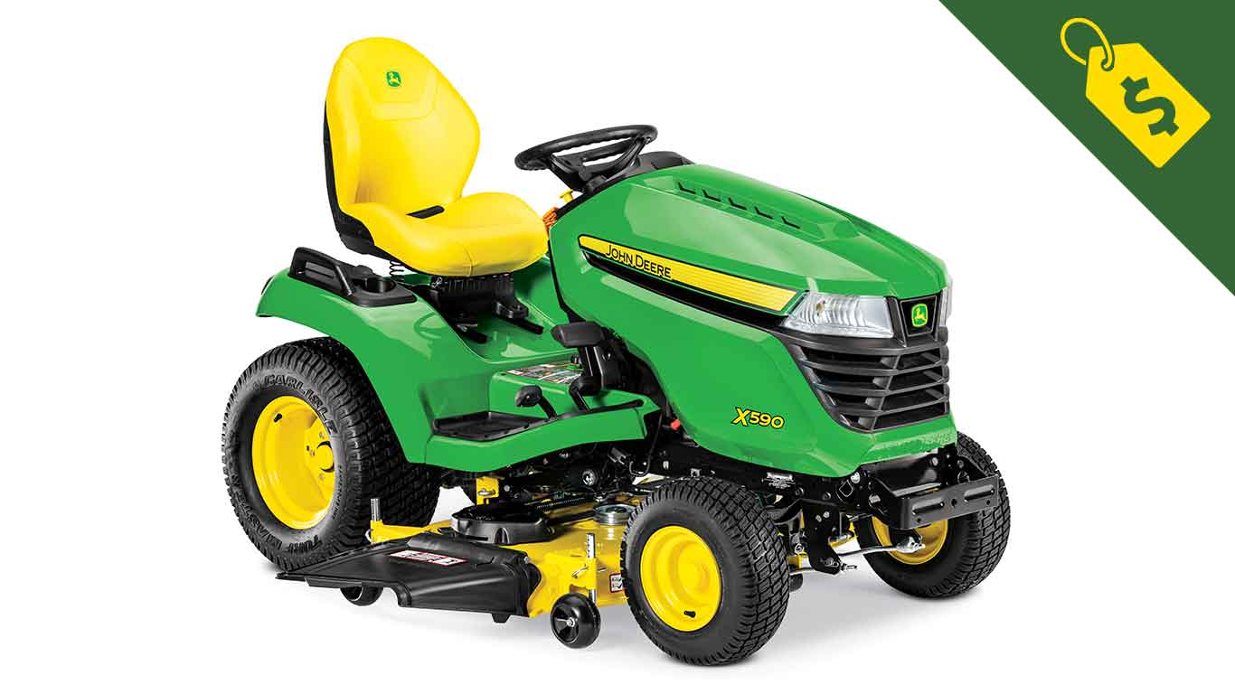 Studio image of a John Deere X590 lawn tractor with a tag icon with a dollar sign in the corner