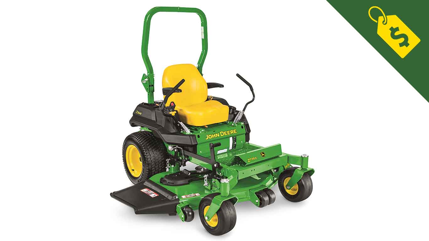 Studio image of a John Deere Z735E ZTrak zero turn mower with a tag icon with a dollar sign in the corner